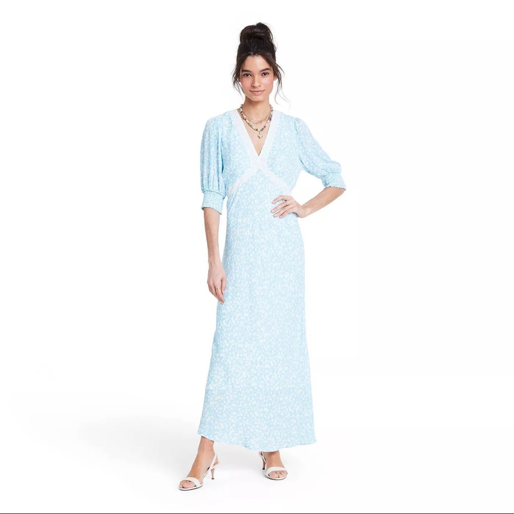 NWT RIXO x Target Blue Floral Puff Sleeve Maxi Dress